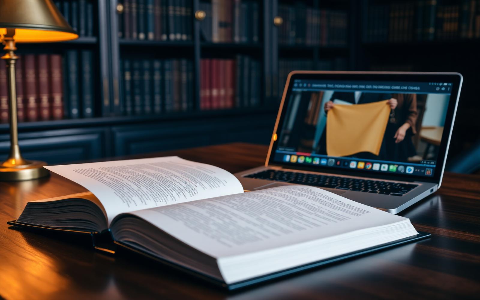A leather-bound book beside an open laptop displaying an online course